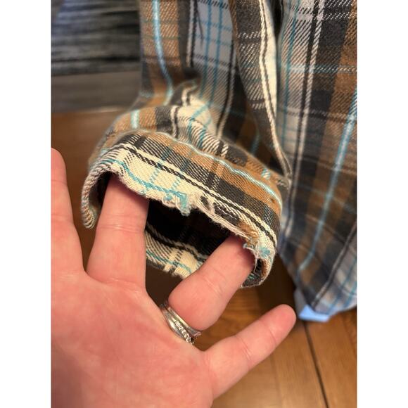 Vintage Clydesdale Flannel Shirt Distressed Sz Lg Blue Aqua Plaid Mountain Fall - Picture 2 of 7